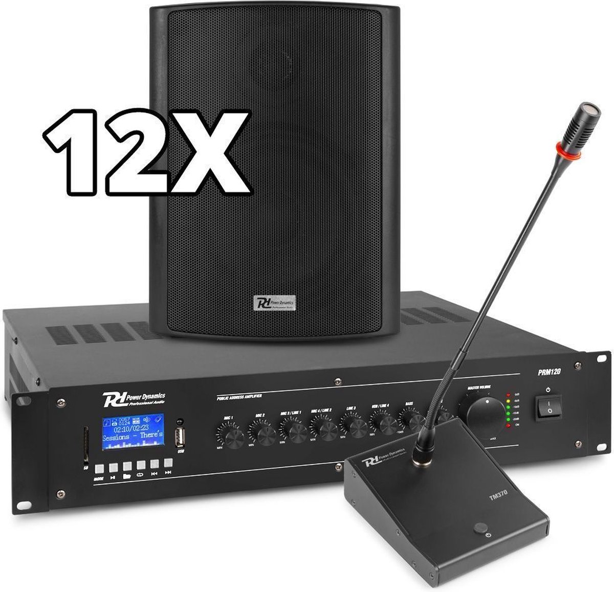 Power Dynamics complete 100V muziekinstallatie / omroepinstallatie met 12 speakers, 120W Bluetooth versterker en kabels - Compleet pakket!