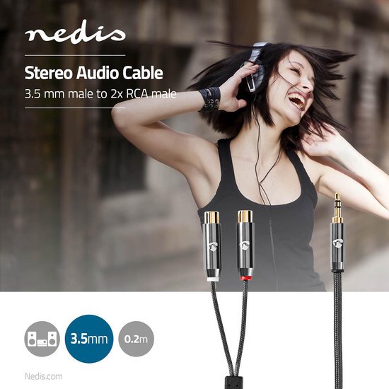 Nedis Stereo-Audiokabel - 3,5 mm Male - 2x RCA Female - Verguld - 0.20 m - Rond - Grijs / Gun Metal Grijs - Cover Window Box - Nedis
