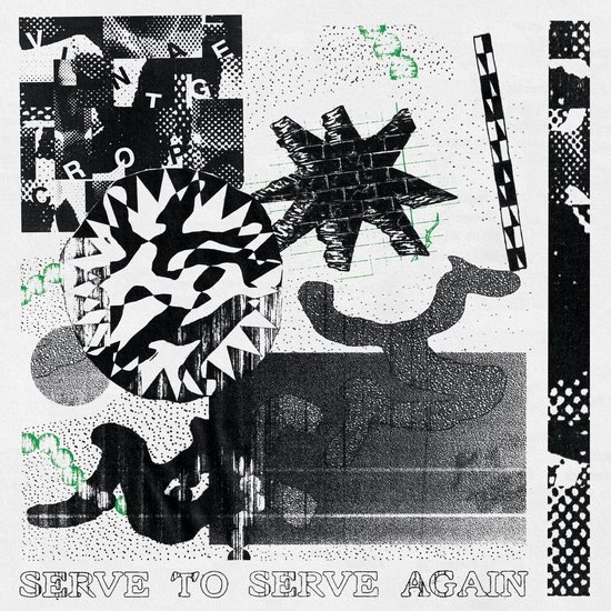 Abstracte collage met tekst 'SERVE TO SERVE AGAIN', sterpatroon, gestippeld rondje, en twee zwarte silhouetten.
