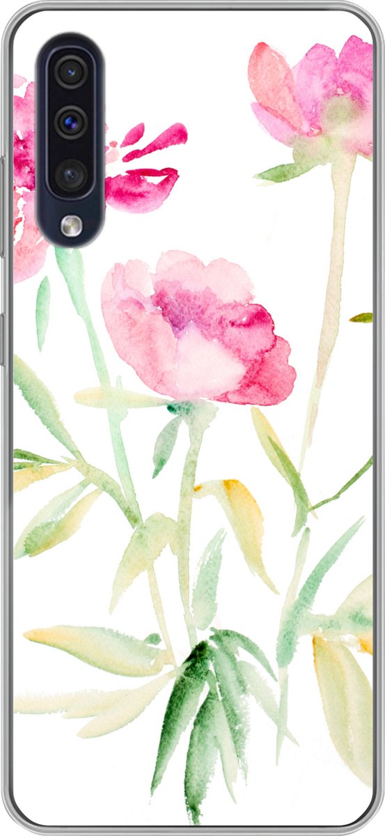 Telefoonhoesje Geschikt voor Samsung Galaxy A50 hoesje - Bloemen - Waterverf - Roze - Siliconen Telefoonhoesje Telefoonhoesje