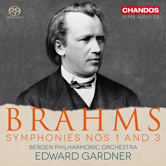 Portret van Johannes Brahms in driedelig pak, met tekst "BRAHMS SYMPHONIES NOS 1 AND 3".