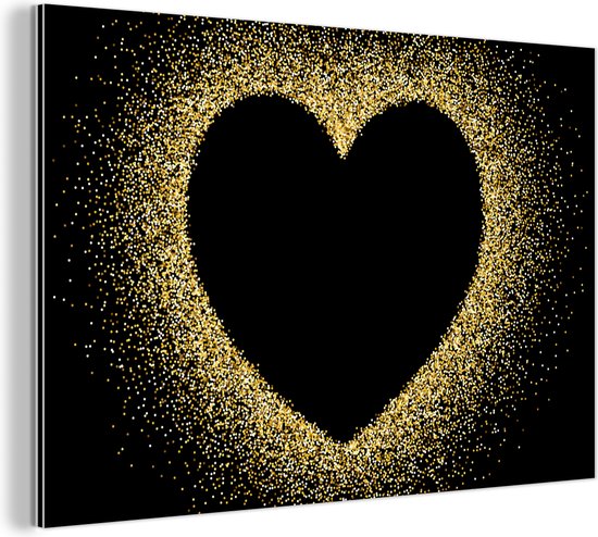 Wanddecoratie Metaal - Aluminium Schilderij Industrieel - Gouden hart op een zwarte achtergrond - 30x20 cm - Dibond - Foto op aluminium - Industriële muurdecoratie - Voor de woonkamer/slaapkamer