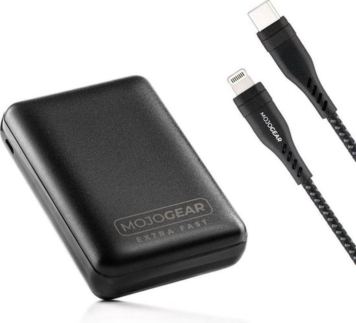 MOJOGEAR snelladen-set voor iPhone & iPad: 10.000 mAh Mini Extra Fast powerbank + Lightning naar USB-C kabel - 1,5 meter kabel - Zwart