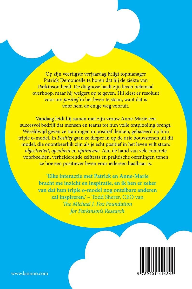 Achterflap van 'Positief' met een samenvatting en een quote over de auteurs en hun bijdrage.