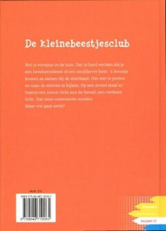 Oranje achterkant van een boek met de titel 'De kleinebeestjesclub' en een korte tekst.