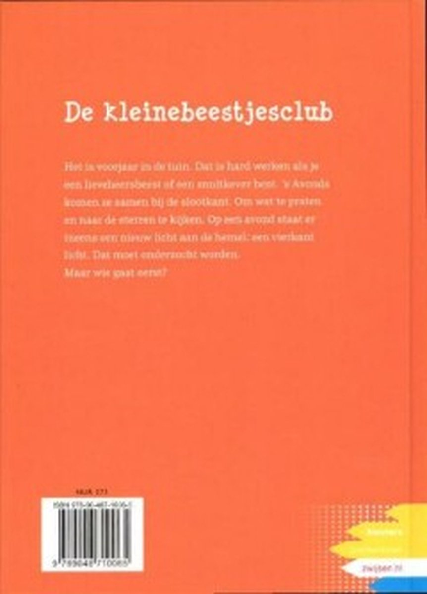 Oranje achterkant van een boek met de titel 'De kleinebeestjesclub' en een korte tekst.