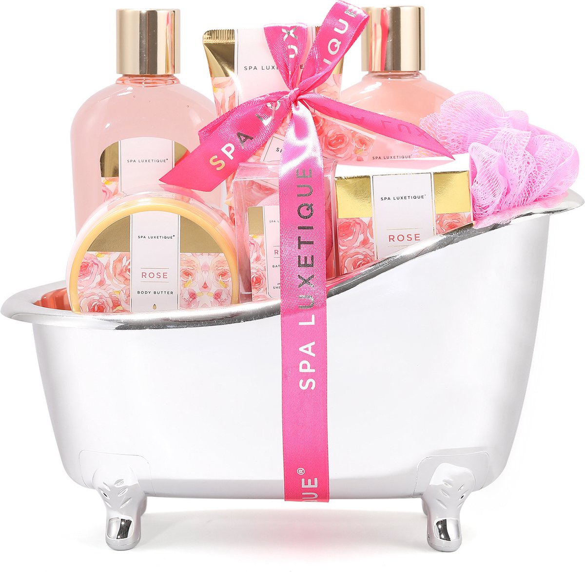 Goedkoopste Spa Luxetique - Rose Beauty - Kerst Geschenkset Vrouwen in zilveren badkuip - Verwenpakket vrouw - Wellness bath rituals - Verjaardag Cadeau Vrouw, voor haar, mama, vriendin, moeder - Huwelijkscadeau - Jubileum Giftset