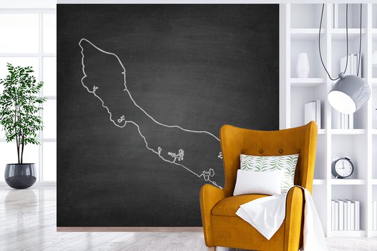 Behang - Fotobehang Een zwart wit illustratie van Curaçao op een krijtbord - Breedte 300 cm x hoogte 300 cm