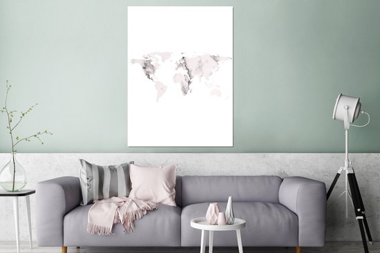 Décoration murale Métal - Peinture Aluminium - Wereldkaart - Marbre - Grijs - 90x120 cm