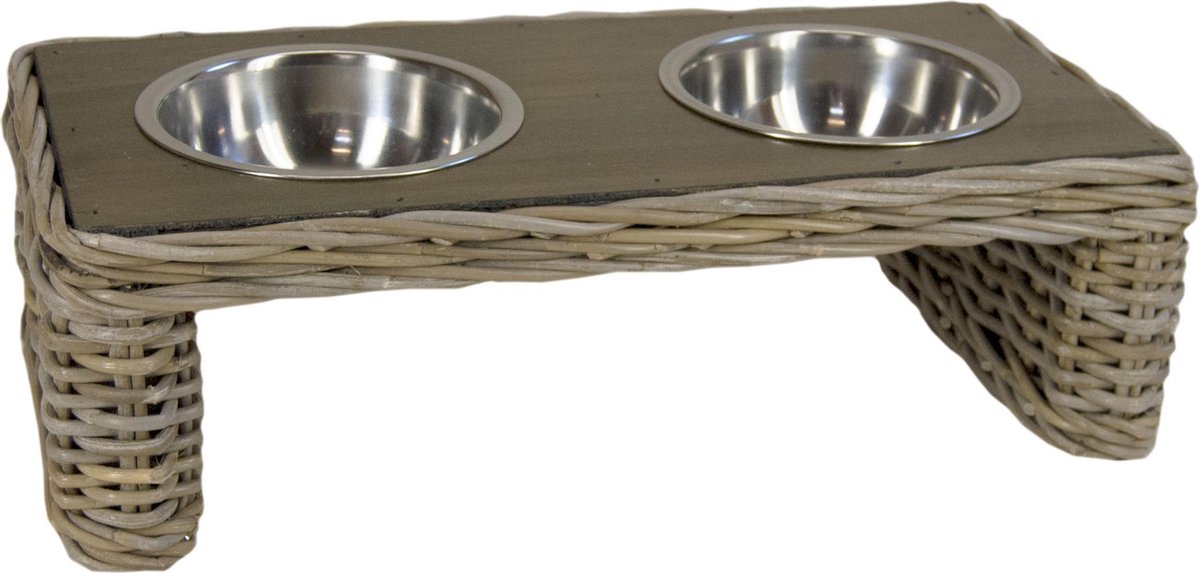 Rieten - Dieren Voederbak - Grijs Rotan - Eetbak - Voerbak - RVS - 50x25x15