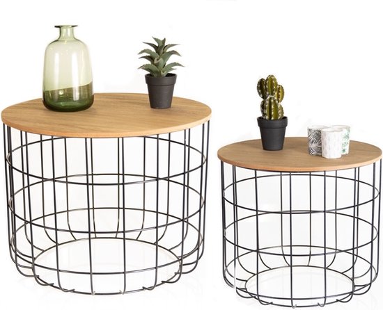LIFA LIVING Moderne Bijzettafel - Set van 2 - Zwart - Metaal & Hout - Rond - Verwijderbaar Blad - Opbergmand - Stabiel