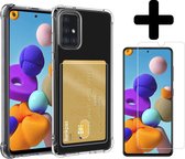 Hoesje Geschikt voor Samsung A51 Hoesje Case Pashouder Cover Siliconen Met Screenprotector - Hoes Geschikt voor Samsung Galaxy A51 Hoesje Met Kaarthouder- Transparant