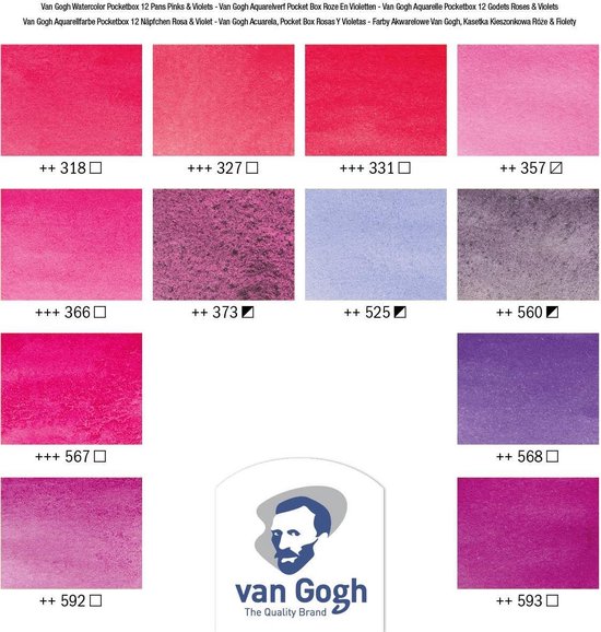 Van Gogh Aquarelverf pocket box roze en violetten met 12 kleuren in halve Napjes - Van Gogh