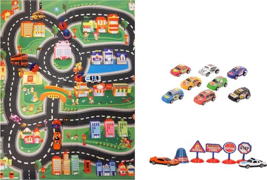 Autospeelkleed binnenstad 80 x 70 cm inclusief speelgoed autootjes -  Speelkleed setje met autos - Merkloos
