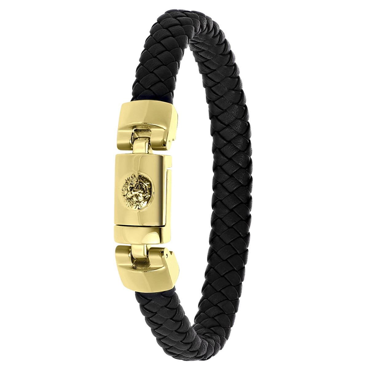 Lucardi Heren Armband zwart leer met leeuw - Leer - Armband - Vaderdag Cadeautje - 19 cm - Goudkleurig