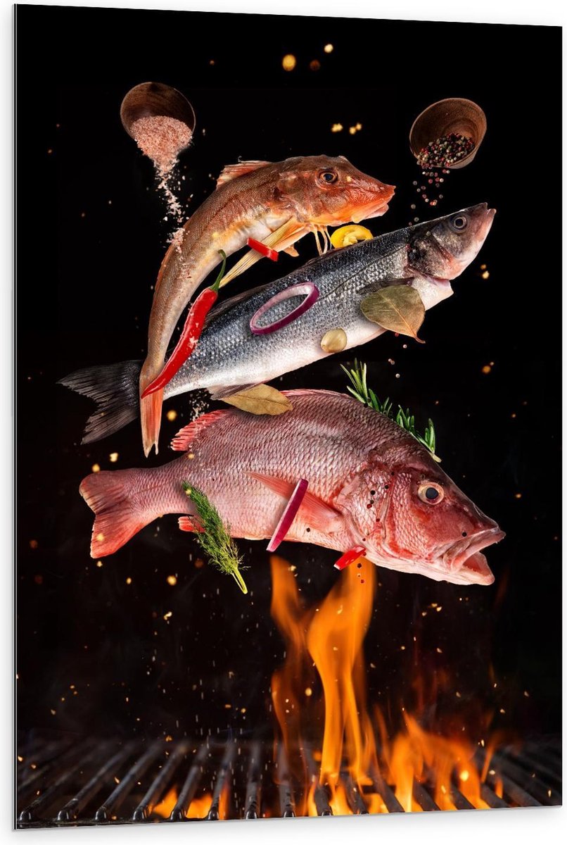 Dibond - Vissen met Specerijen op de BBQ - 80x120cm Foto op Aluminium (Met Ophangsysteem)