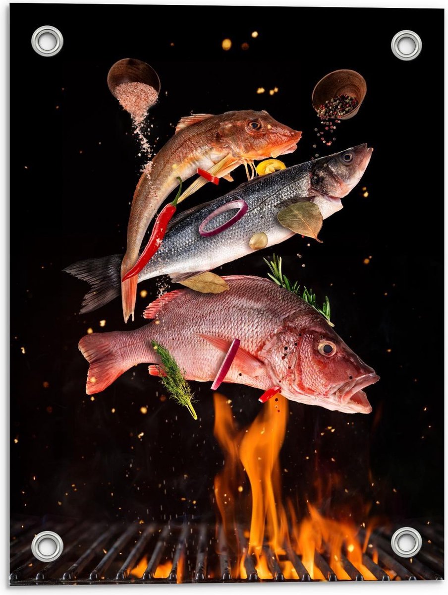 Tuinposter – Vissen met Specerijen op de BBQ - 30x40cm Foto op Tuinposter (wanddecoratie v