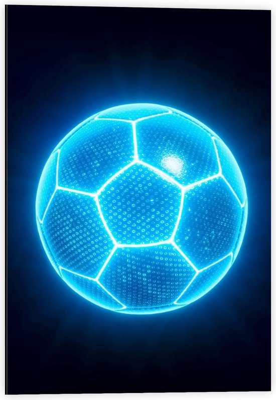 Dibond - Blauwe Neon Voetbal - 40x60cm Foto op Aluminium (Wanddecoratie van metaal)