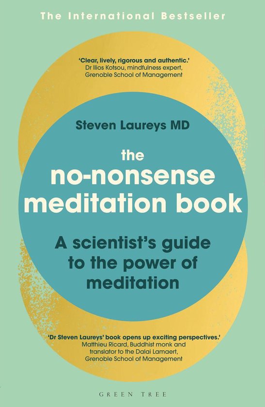 Livre "The No-Nonsense Meditation Book" avec du texte jaune et bleu sur fond blanc. Best-seller international.