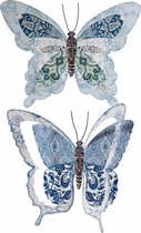 Set van 2x stuks tuindecoratie muur/wand/schutting vlinders van metaal in blauw/wit en blauw tinten 31 x 22 cm