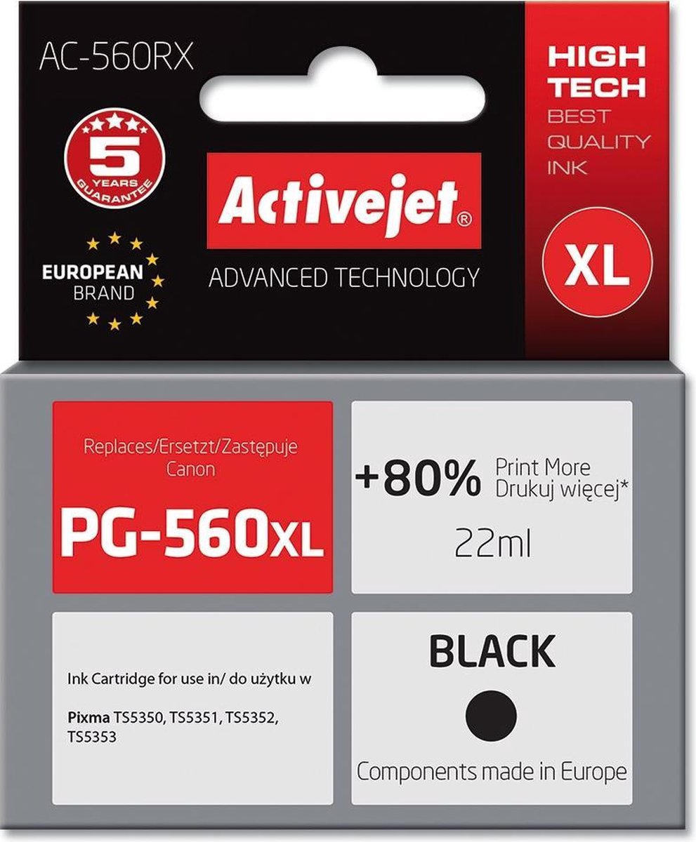 ActiveJet AC-560RX-inkt voor Canon-printer, Canon PG-560XL-vervanging; Opperste; 25 ml; zwart.