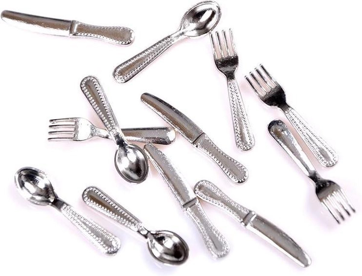 Odoria 1/12 Miniatuur Bestek, Mes Vork Lepel, 12 stuks, Zilver, Poppenhuis Accessoires