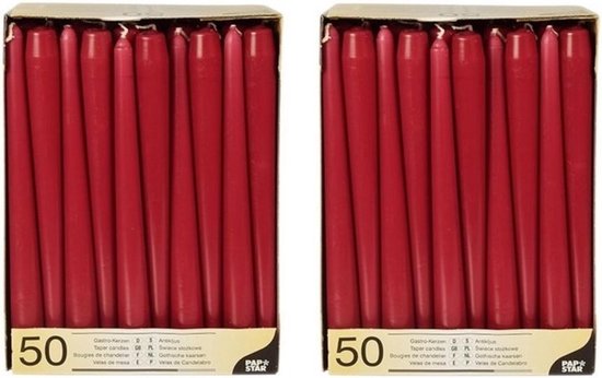 Voordeelverpakking bordeaux rode dinerkaarsen - Gotische kaarsen bordeaux rood 100 stuks 25 cm - Tafel decoratie kaarsen