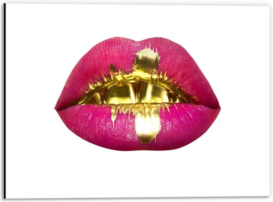 Dibond - Gouden Verf op Roze Lip - 40x30cm Foto op Aluminium (Wanddecoratie van metaal)
