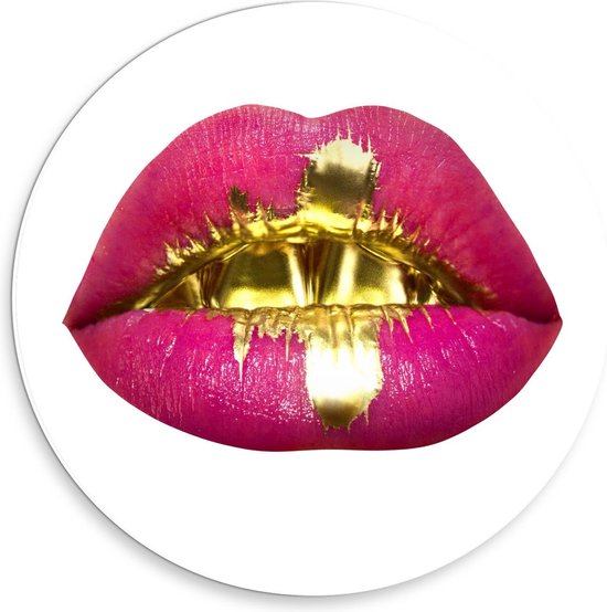 Forex Wandcirkel - Gouden Verf op Roze Lip - 30x30cm Foto op Wandcirkel (met ophangsysteem)