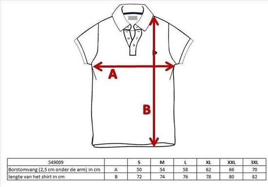 Maattabel voor Donnay poloshirts met borstomvang en lengte in cm voor maten S tot 3XL.