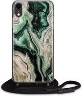 iPhone XR hoesje met koord - Groen marmer / Marble | Apple iPhone XR crossbody case | Zwart, Transparant | Water
