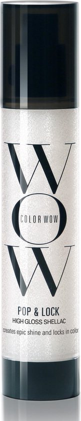 Fles met zilverkleurige glitters, met de tekst 'WOW COLOR WOW POP & LOCK HIGH GLOSS SHELLAC'.