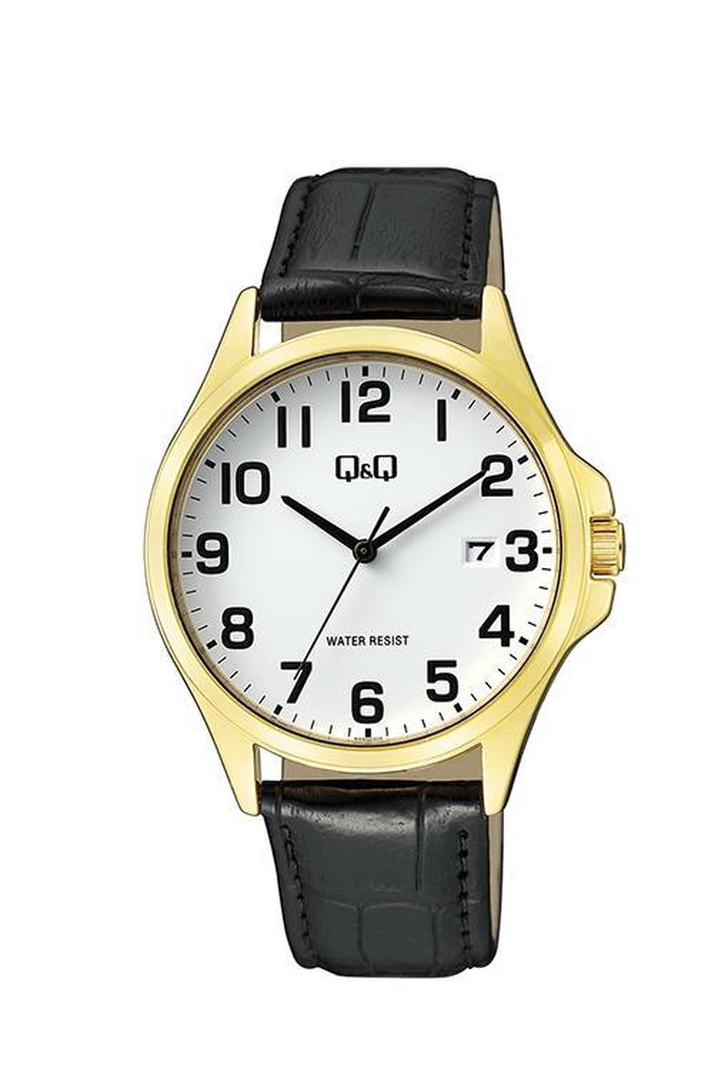 QQ A480J104Y - Horloge - Analoog - Mannen - Heren - leren band - Rond - Staal - Cijfers - Datumaanduiding - Zwart - Goudkleurig - Wit