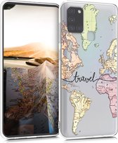 kwmobile telefoonhoesje voor Samsung Galaxy A21s - Hoesje voor smartphone in zwart / meerkleurig / transparant - Travel Wereldkaart design