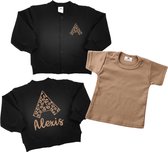 Bomberjack jogging met T-shirt 2 delig -voornaam-meisjes jas-Maat 92-zwart-beige sand-luipaardprint