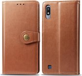 Retro effen kleur lederen gesp bescherming voor mobiele telefoon lederen tas met fotolijst en kaartsleuf en portemonnee en beugelfunctie voor Galaxy A10 (bruin)