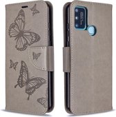 Voor Huawei Honor 9A Twee Vlinders Embossing Patroon Horizontale Flip Leren Case met Houder & Kaartsleuf & Portemonnee & Lanyard (Grijs)