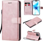 Voor iPhone 12 Max / 12 Pro effen kleur horizontale flip beschermende lederen tas met houder & kaartsleuven & portemonnee & fotolijst & lanyard (roségoud)