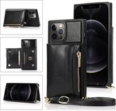 Portemonnee-tas met vierkante rits TPU + PU-achterklep met houder & kaartsleuven & portemonnee & cross-body riem voor iPhone 12/12 Pro (zwart)