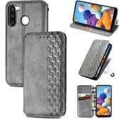 Voor Samsung Galaxy A21 (EU-versie) Cubic Grid Pressed Horizontal Flip Magnetic Leather Case met houder & kaartsleuven & portemonnee (grijs)