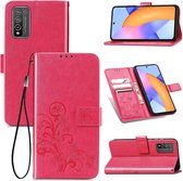 Vierbladige sluiting reliëf gesp Mobiele telefoon bescherming lederen tas met lanyard & kaartsleuf & portemonnee & beugel functie voor Huawei Honor 10X Lite (magenta)