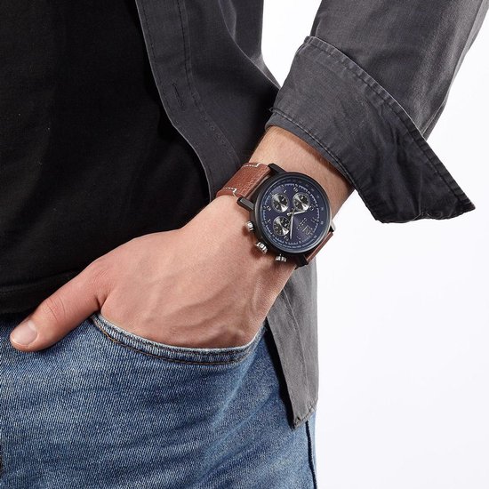 OOZOO Timepieces - Black watch with cognac leather strap - C9456 | bol.com