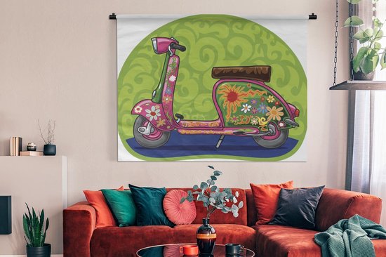 Tapisserie illustration Vespa - Illustration d'un scooter Vespa avec des fleurs Tapisserie coton 180x135 cm - Tapisserie avec photo