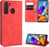 Voor Galaxy A21 Retro-skin Business magnetische zuignap Case met houder & kaartsleuven & portemonnee (rood)