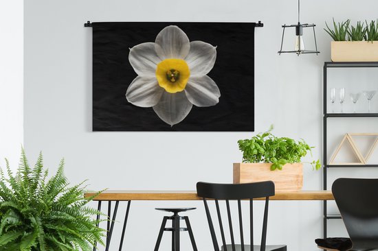 Tapisserie Plantes sur fond noir - Une fleur de jonquille blanche sur fond noir Tapisserie en coton 150x100 cm - Tapisserie avec photo