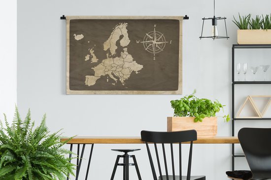 Wandkleed EuropakaartenKerst illustraties - Vintage Europakaart met windroos Wandkleed katoen 150x100 cm - Wandtapijt met foto
