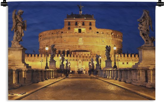 Wandkleed Engelenburcht - De Engelenburcht verlicht door lampen in de ochtend in Rome Wandkleed katoen 150x100 cm - Wandtapijt met foto