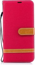 Kleurafstemming Denim Texture Leather Case voor Galaxy A8 +, met houder & kaartsleuven & portemonnee & lanyard (rood)