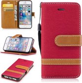 Kleurafstemming Denim Texture Leather Case voor iPhone 5 & Se, met houder & kaartsleuven & portemonnee & lanyard (rood)