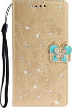 Voor Galaxy A51 Diamond Encrusted Butterflies Love Flowers Pattern Horizontal Flip Leather Case with Holder & Card Slots & Wallet & Lanyard (Golden)